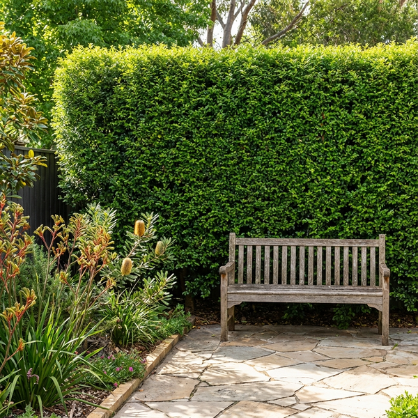 Wooden bench on a stone patio in front of a tall green hedge, with garden plants on the side.