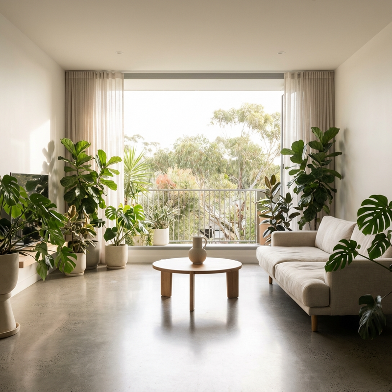 Bright living room with large window, many potted plants, a beige sofa, and a round wooden coffee table.