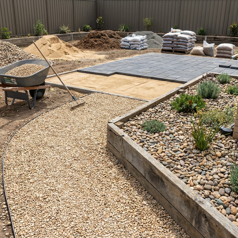 A backyard under construction with gravel paths, pavers, soil piles, and a raised garden bed.