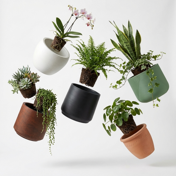 Six plants with exposed roots hover above tipped-over empty pots on a white background.