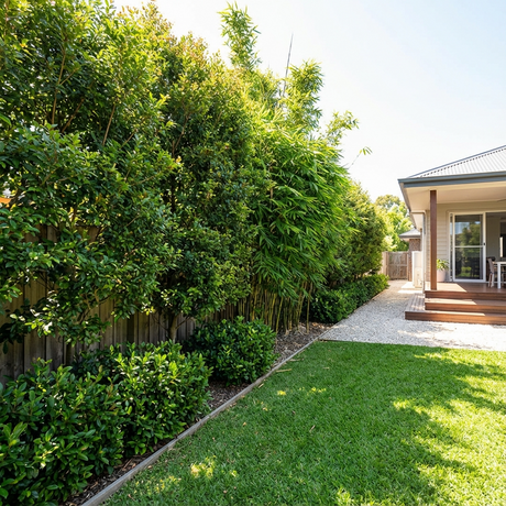 A green, sunny backyard with a lawn, tall plants along a fence, and a house with a covered patio.