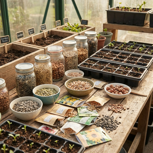 Jars, bowls, and packets of seeds on a wooden table with seed trays and soil in a greenhouse.