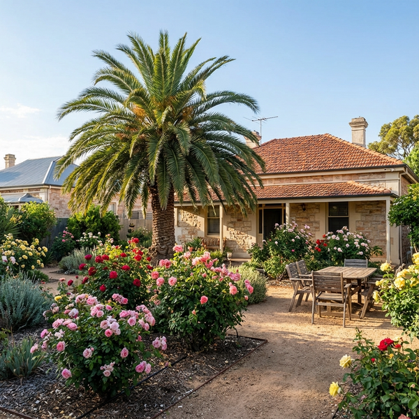A house with a red-tiled roof, garden, palm tree, roses, and outdoor wooden table and chairs in front.