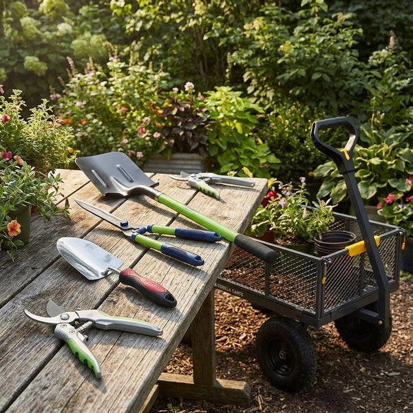 A variety of gardening tools and a cart are set out on a wooden table in a lush garden.