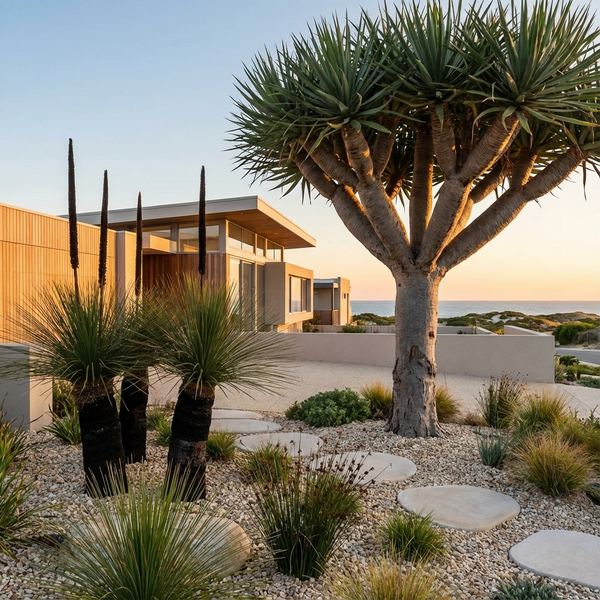 Modern patio with wooden chairs, stone fire pit, and lush landscaping outside a contemporary home.