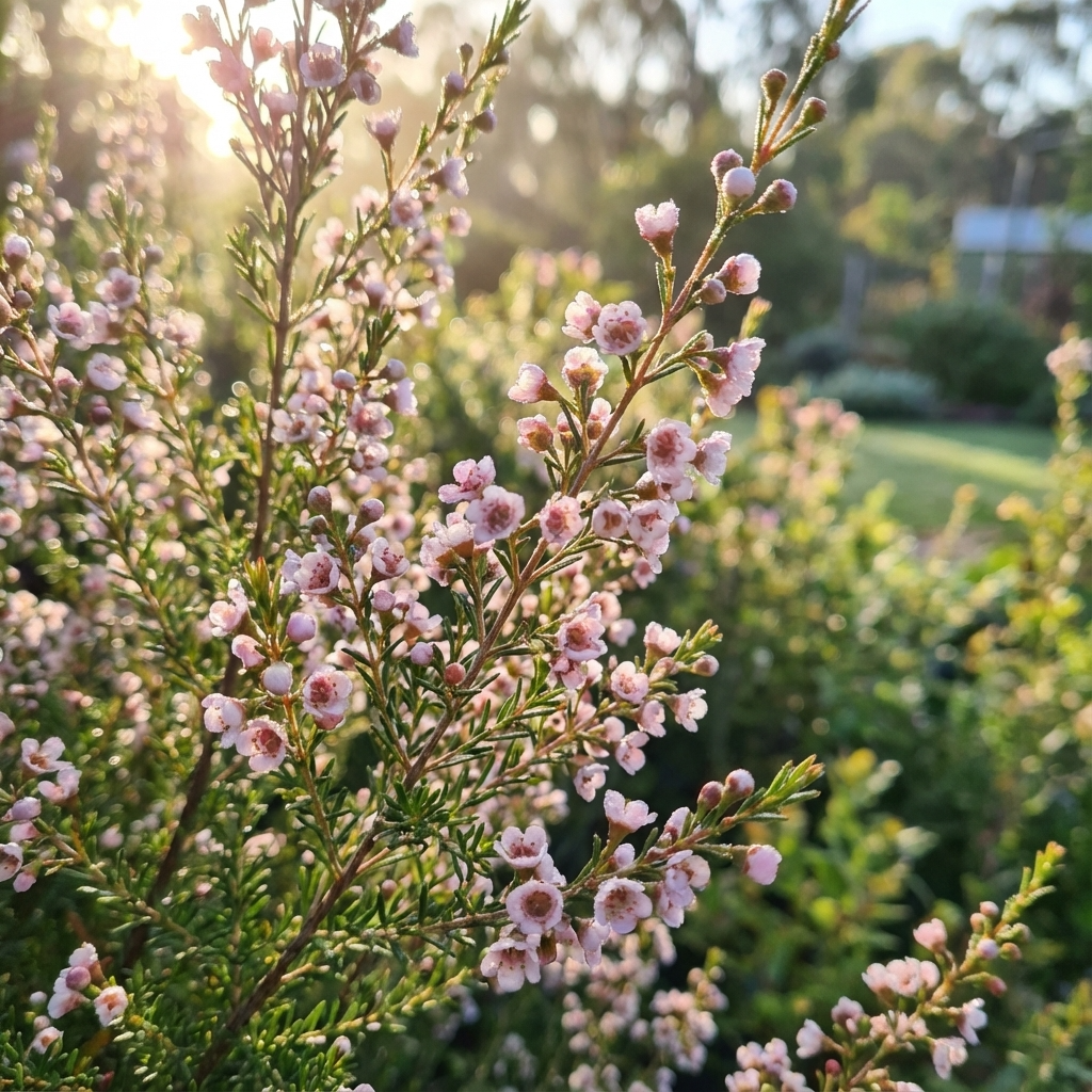 Pink flowers bloom on Thryptomene ‘F.C. Payne’, a low-maintenance Australian native shrub, with sunlight illuminating a garden in the background.