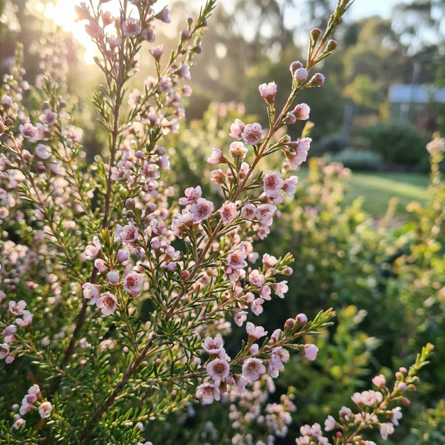 Pink flowers bloom on Thryptomene ‘F.C. Payne’, a low-maintenance Australian native shrub, with sunlight illuminating a garden in the background.