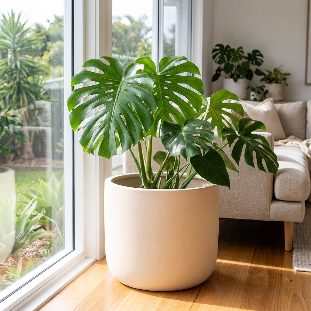 A potted monstera thrives by a sunny window in a bright, modern living room with wooden floors, set in a Round Plain Ceramic Pot—available in various sizes.