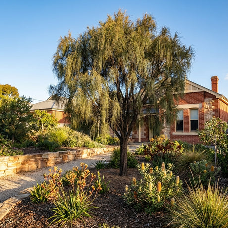A native Australian garden with a tall Drooping Sheoak (Allocasuarina verticillata) and drought-tolerant shrubs in front of a brick house at sunset.