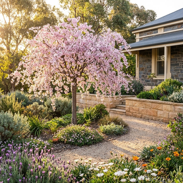 A Pink Snow Showers Cherry - Prunus ‘Pink Snow Showers’, a graceful weeping ornamental tree, flourishes in a sunny garden next to a stone house with a metal roof.