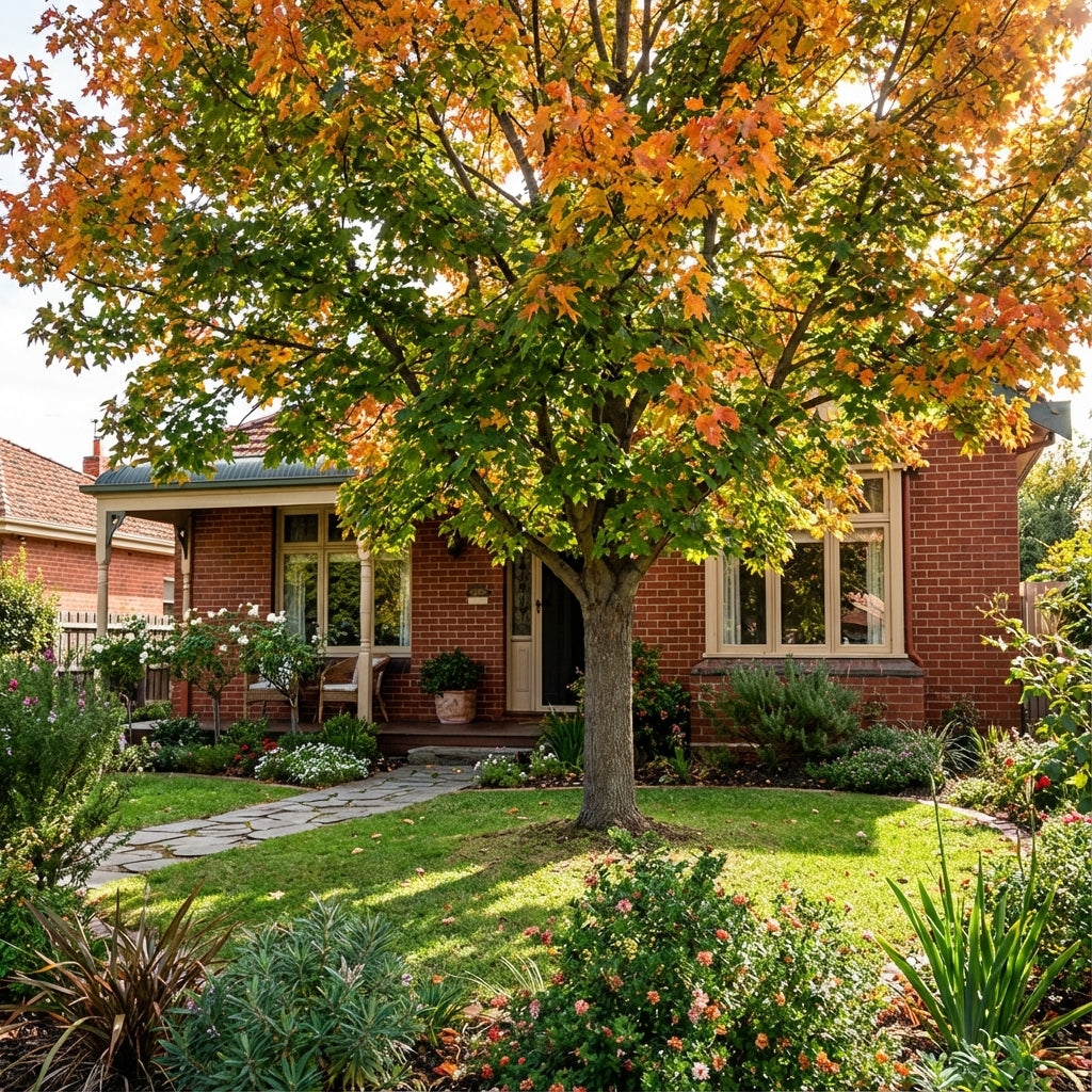 A brick house with a landscaped yard features a Norway Maple (Acer platanoides), its orange leaves adding autumn color and providing shade.