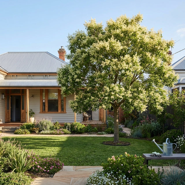 Lush backyard featuring a shade-giving Japanese Pagoda Tree (Japanese Pagoda Tree - Sophora japonica), vibrant garden beds, green lawn, and a house with porch in the background.