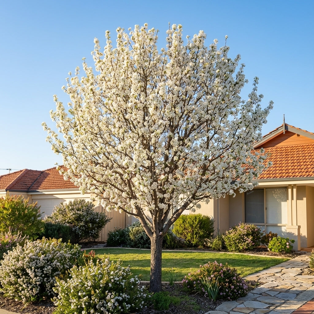 A Winter Glow Ornamental Pear (Pyrus calleryana 'Winter Glow') with white blossoms stands as a striking evergreen feature in a modern front yard, bordered by shrubs and set before a house with a red-tiled roof.