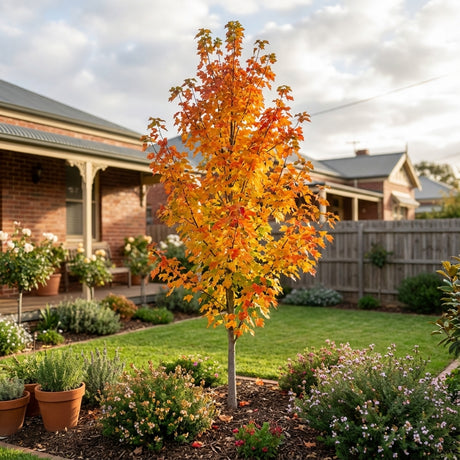 The Sugar Maple (Acer saccharum) is a compact tree with brilliant autumn color, enhancing any suburban garden with vibrant leaves—an ideal shade tree to add beauty and warmth to your yard.