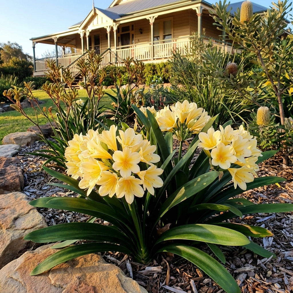Clivia ‘Pastel’ (Clivia miniata hybrid) features yellow pastel blooms rising above evergreen foliage, adding vibrant color beside a wooden house and porch in the warm sunlight.