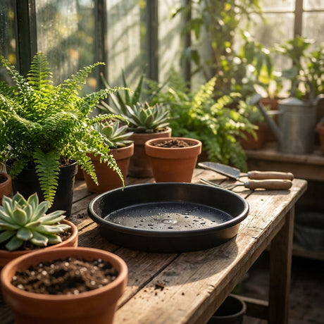 Potted plants and gardening tools rest on a wooden table in a sunlit greenhouse, each growers pot neatly placed on a Black Growers Plant Saucer—Australian made, available in various sizes.