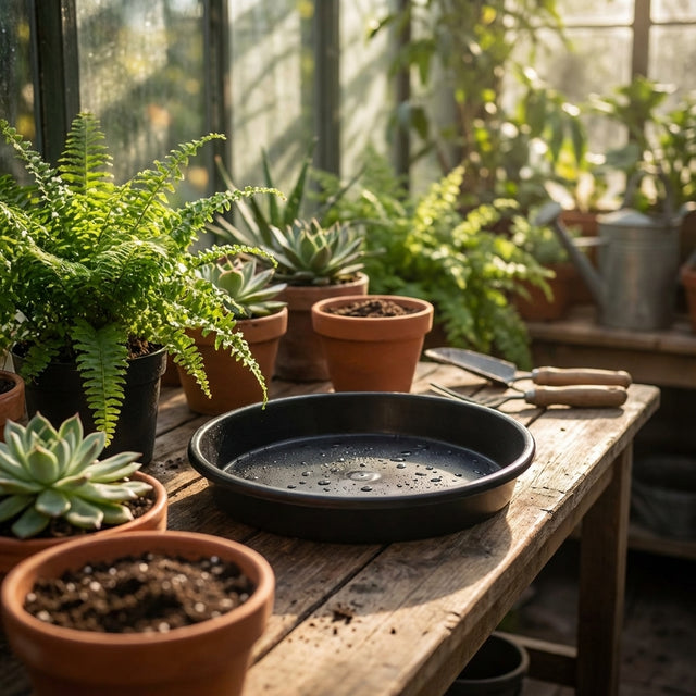 Potted plants and gardening tools rest on a wooden table in a sunlit greenhouse, each growers pot neatly placed on a Black Growers Plant Saucer—Australian made, available in various sizes.