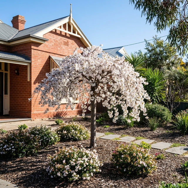 Prunus ‘Snow Fountain’ (Prunus Snofozam), a weeping cherry with cascading white blossoms, brings elegant charm to the ornamental garden in front of a red-brick house with a gabled roof.