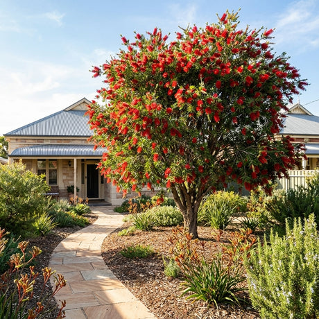 A garden featuring vibrant Bottlebrush Callistemon ‘Harkness’ flowers borders a stone path leading to a house with a metal roof.