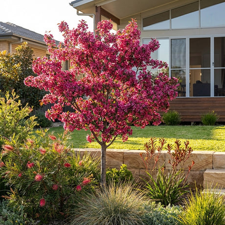 Crab Apple ‘Crimson Knight’ (Malus ‘Crimson Knight’) shows bright pink blooms and burgundy foliage in a landscaped garden in front of a modern house with large windows.