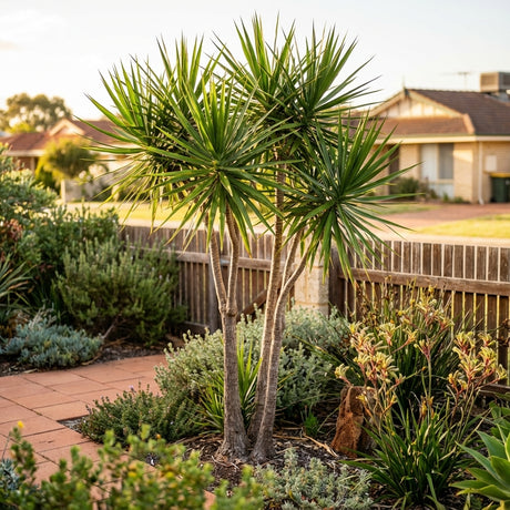A Madagascar Dragon Tree (Dracaena marginata), known for its spiky leaves and air-purifying qualities, thrives in a tidy suburban garden bordered by a wooden fence and surrounded by houses.