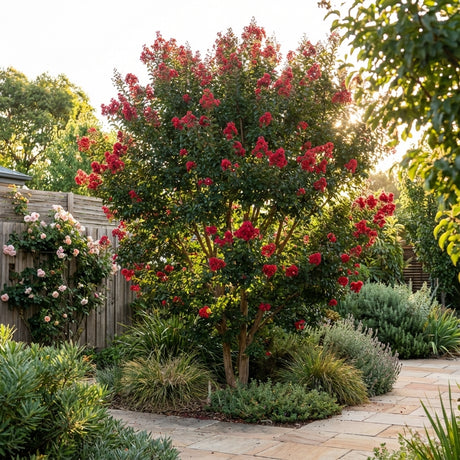 A garden featuring the Crepe Myrtle - Lagerstroemia ‘Ruffled Red Magic’ tree with ruffled red blooms, surrounded by shrubs and a stone path.