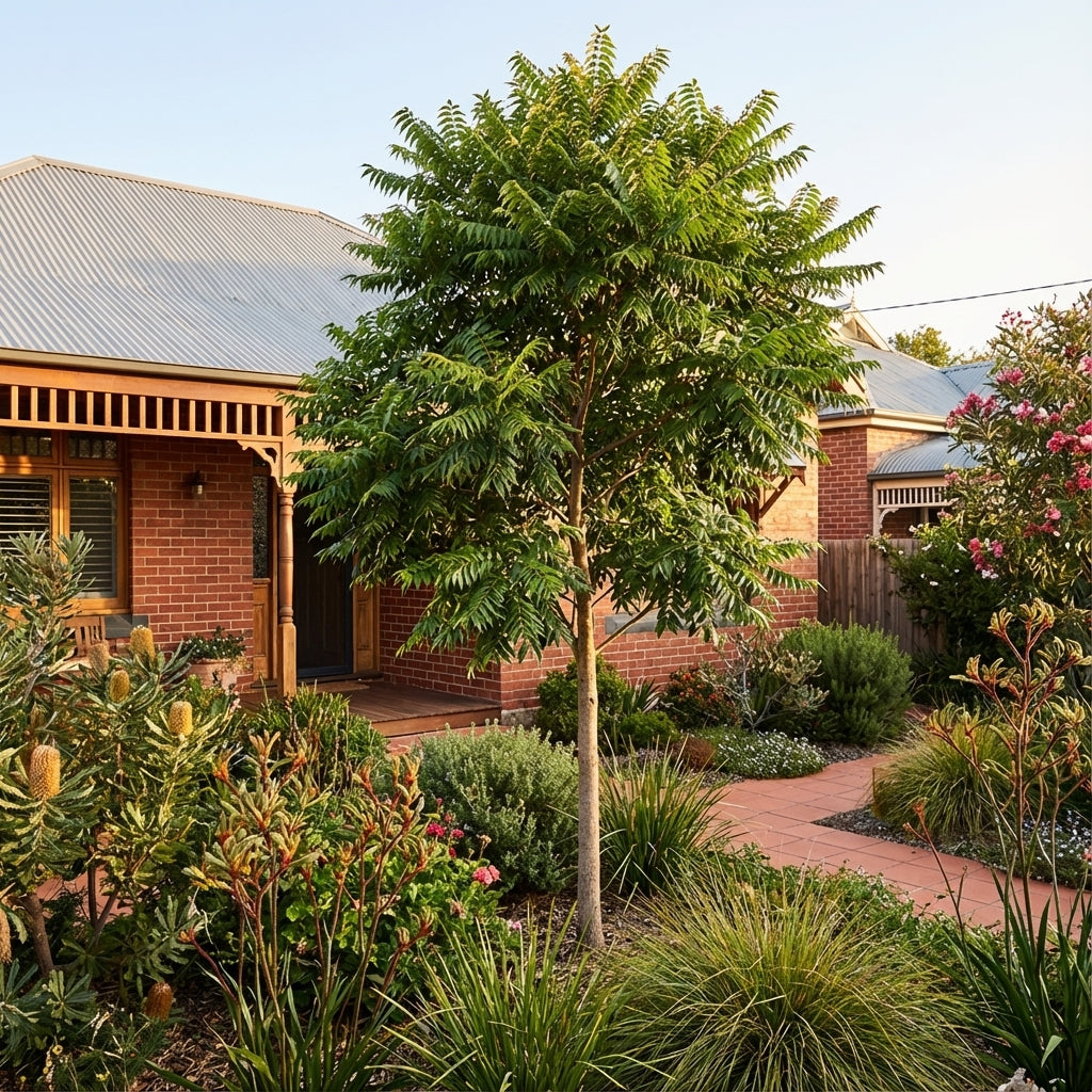 Red-brick house with a tin roof, front garden, Australian Red Cedar (Toona ciliata) as shade tree, flowering shrubs, and a paved path.