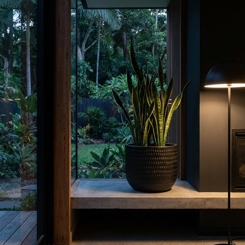 A snake plant sits in a White Dotty Ceramic Pot by a large window with garden views, illuminated by a floor lamp in a modern room.