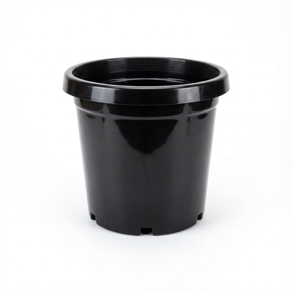 The Black Growers Plant Pot, available in various sizes, features a wide rim and drainage holes at the bottom. Made from durable plastic, it is shown on a white background.