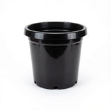 The Black Growers Plant Pot, available in various sizes, features a wide rim and drainage holes at the bottom. Made from durable plastic, it is shown on a white background.