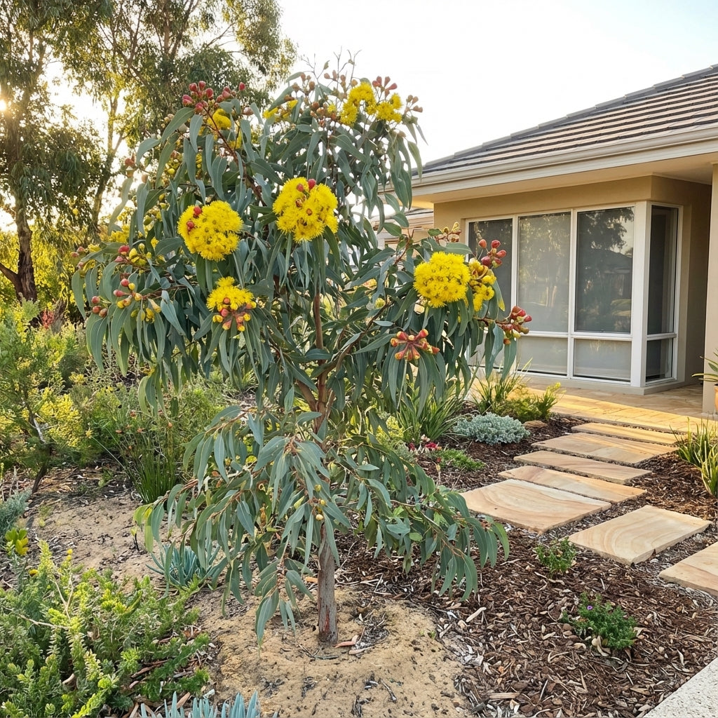 Illyarrie - Eucalyptus erythrocorys, a drought-tolerant tree with yellow flowers, is planted beside a stone path in a landscaped front yard.