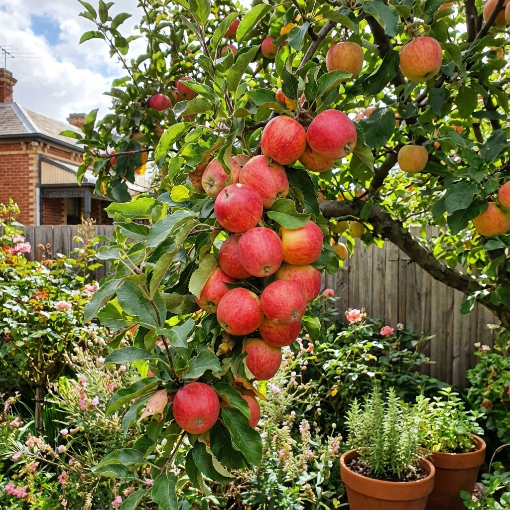A cluster of ‘Gala’ apples (Malus domestica) hangs from a leafy branch in a sunny home orchard, surrounded by flowers and potted plants.