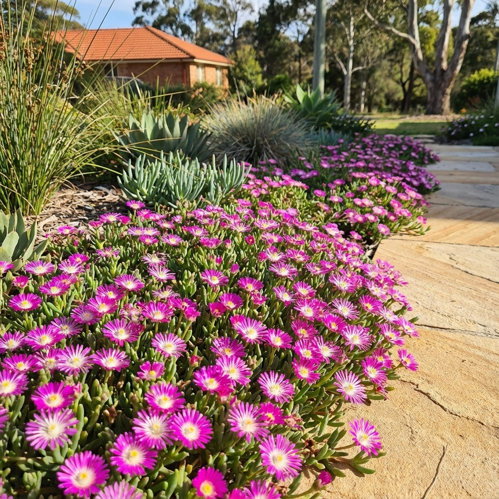 Ice Plant - Delosperma ‘Suntropics Hot Pink’ displays bright pink blooms along a stone path in a sunny garden. This drought-tolerant succulent brings vibrant color to the landscape, with a house and trees in the background.