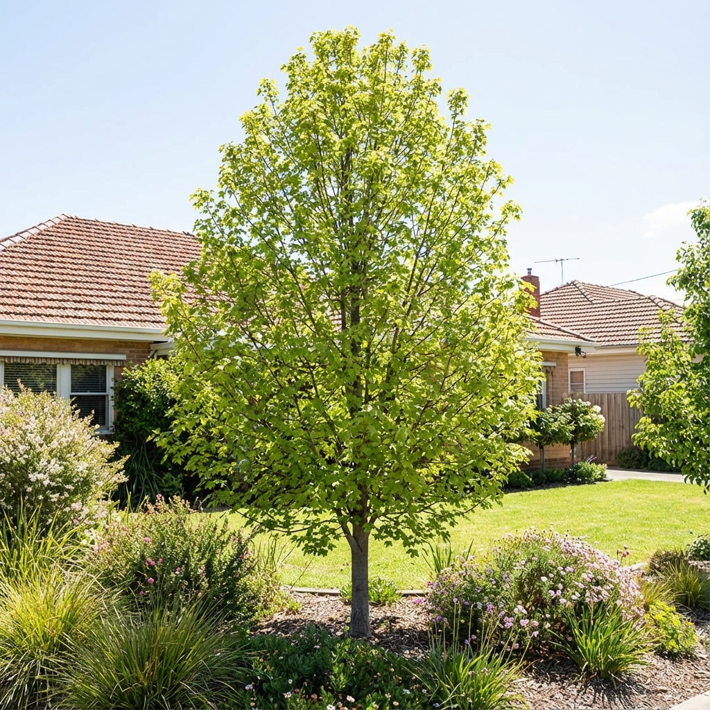 A Field Maple - Acer campestre ‘Evelyn’, a compact shade tree, stands in a garden before a suburban house on a sunny day.