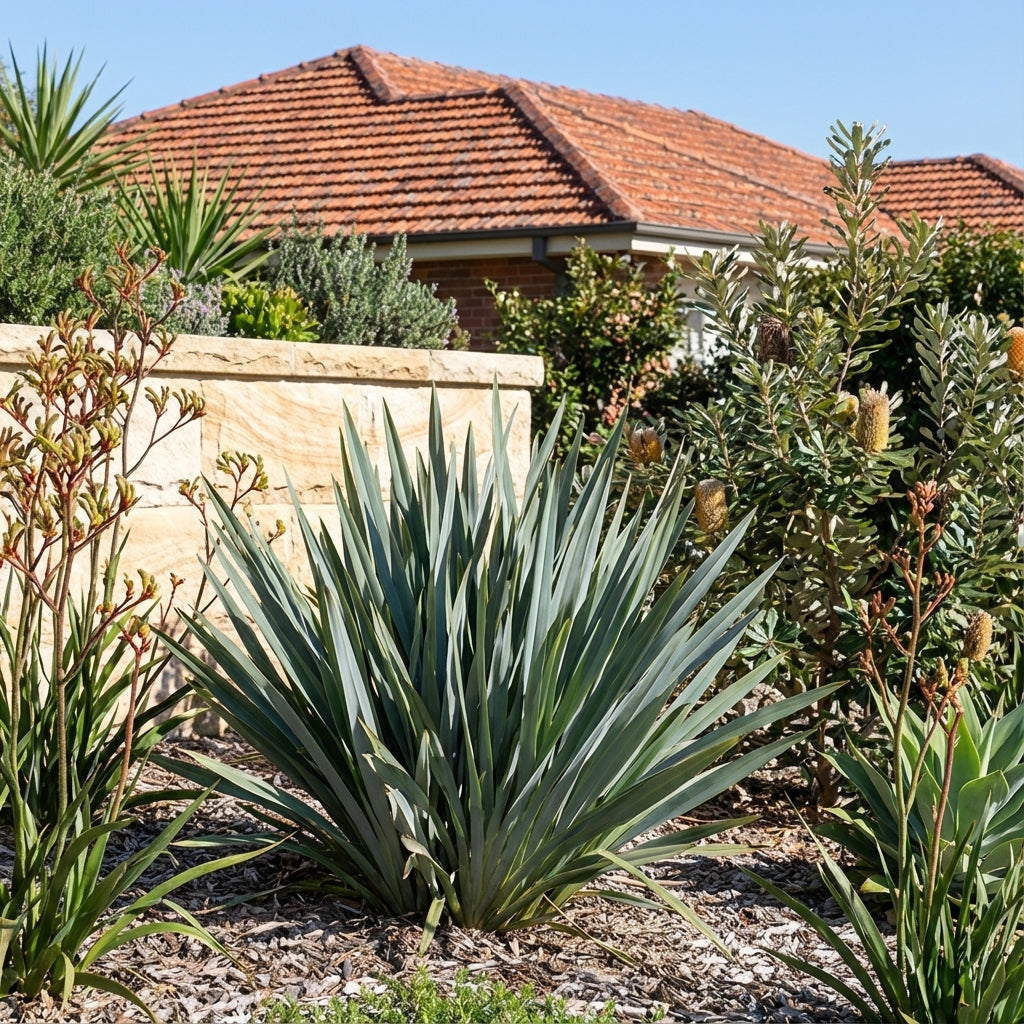 Dianella 'Clarity Blue' and other drought-tolerant plants in a landscaped garden, with a brick house and tiled roof in the background.
