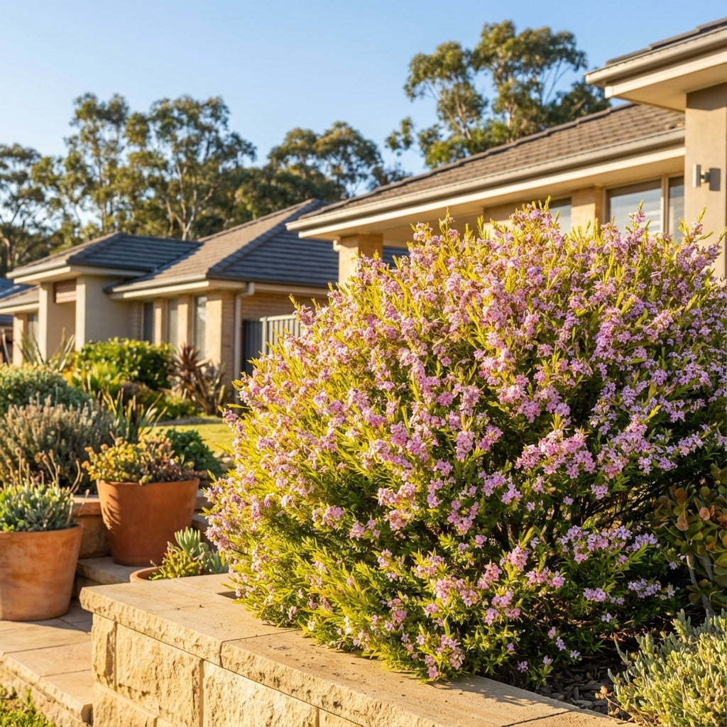 Golden Diosma (Coleonema aureum), with its small purple flowers and golden-yellow foliage, adds a splash of color to a landscaped suburban yard on a sunny day.