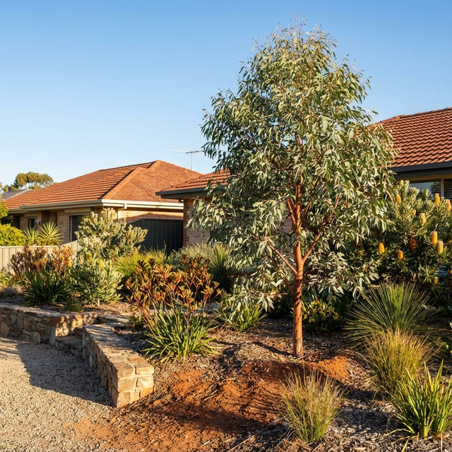 Front garden featuring native Australian plants, stone edging, a house with a red-tiled roof, and a Red Ironbark - Eucalyptus sideroxylon ‘Rosea’ tree.