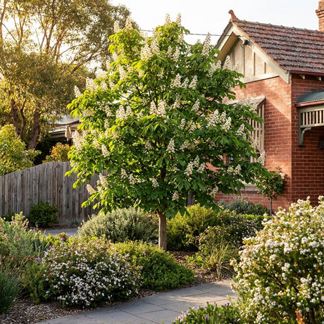 The Horse Chestnut - Aesculus hippocastanum offers beauty and shade as it flowers near green shrubs in a sunny garden by a brick house.