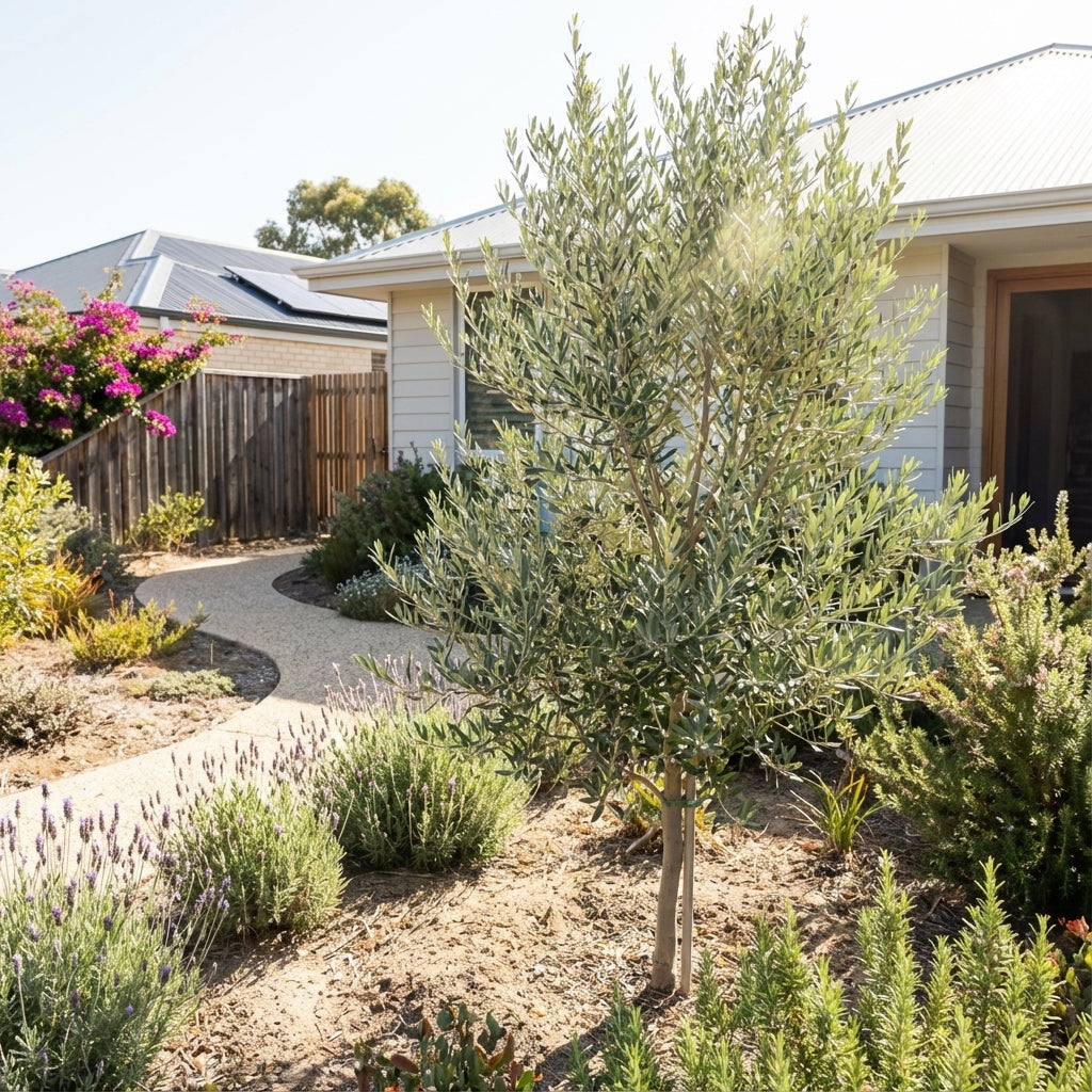 A Nevadillo Blanco Olive Tree (Olea europaea ‘Nevadillo Blanco’) and other drought-tolerant plants brighten the sunlit, landscaped front yard of a modern home.