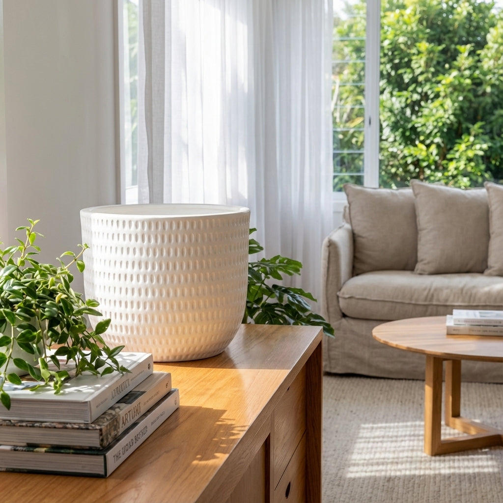 A bright living room with a beige sofa, wooden table, and large sunny windows features the White Dotty Ceramic Pot—available in various sizes—adding textured charm among the greenery.