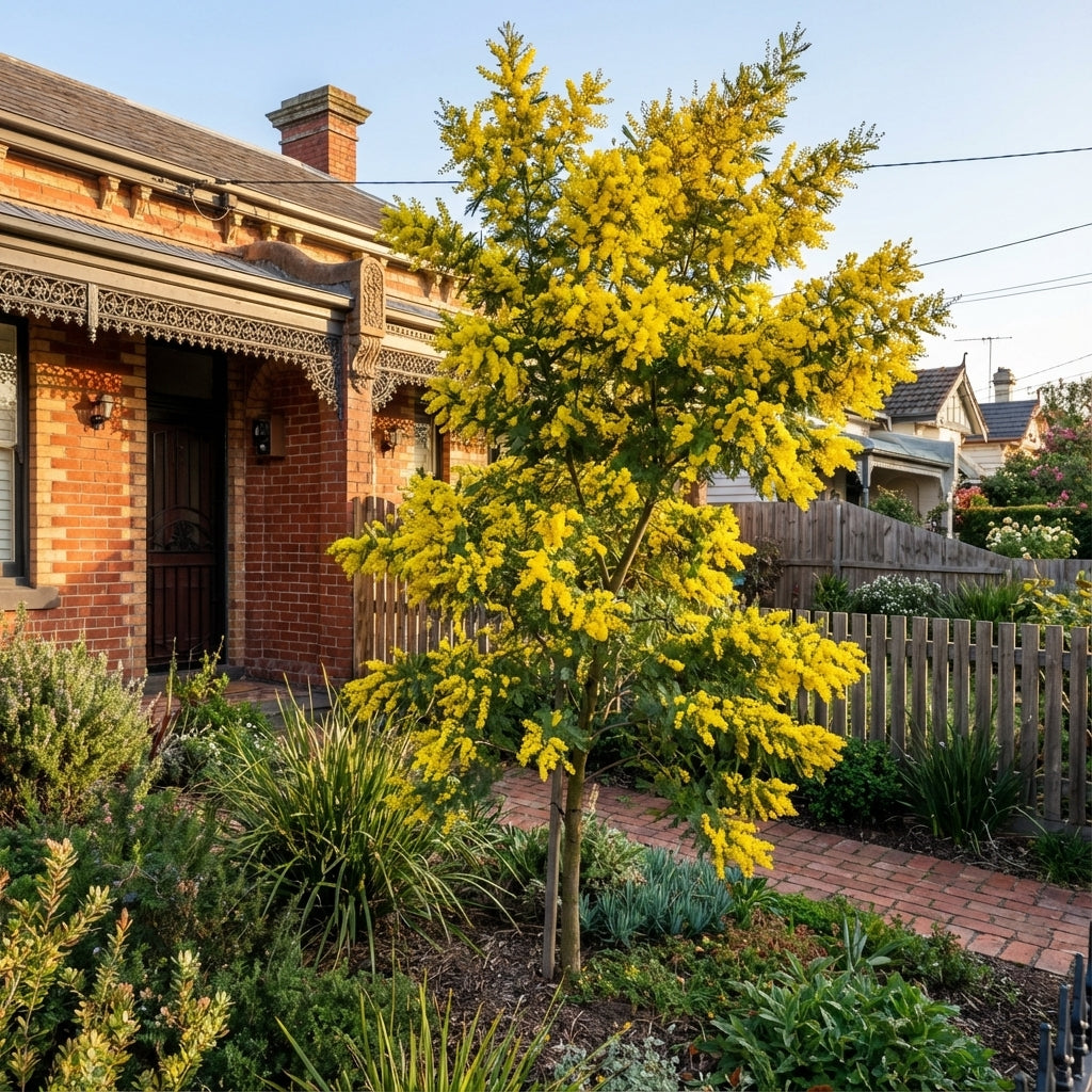 A compact Silver Wattle - Acacia dealbata with vivid yellow blooms brightens the front garden of a brick house, framed by a wooden fence.
