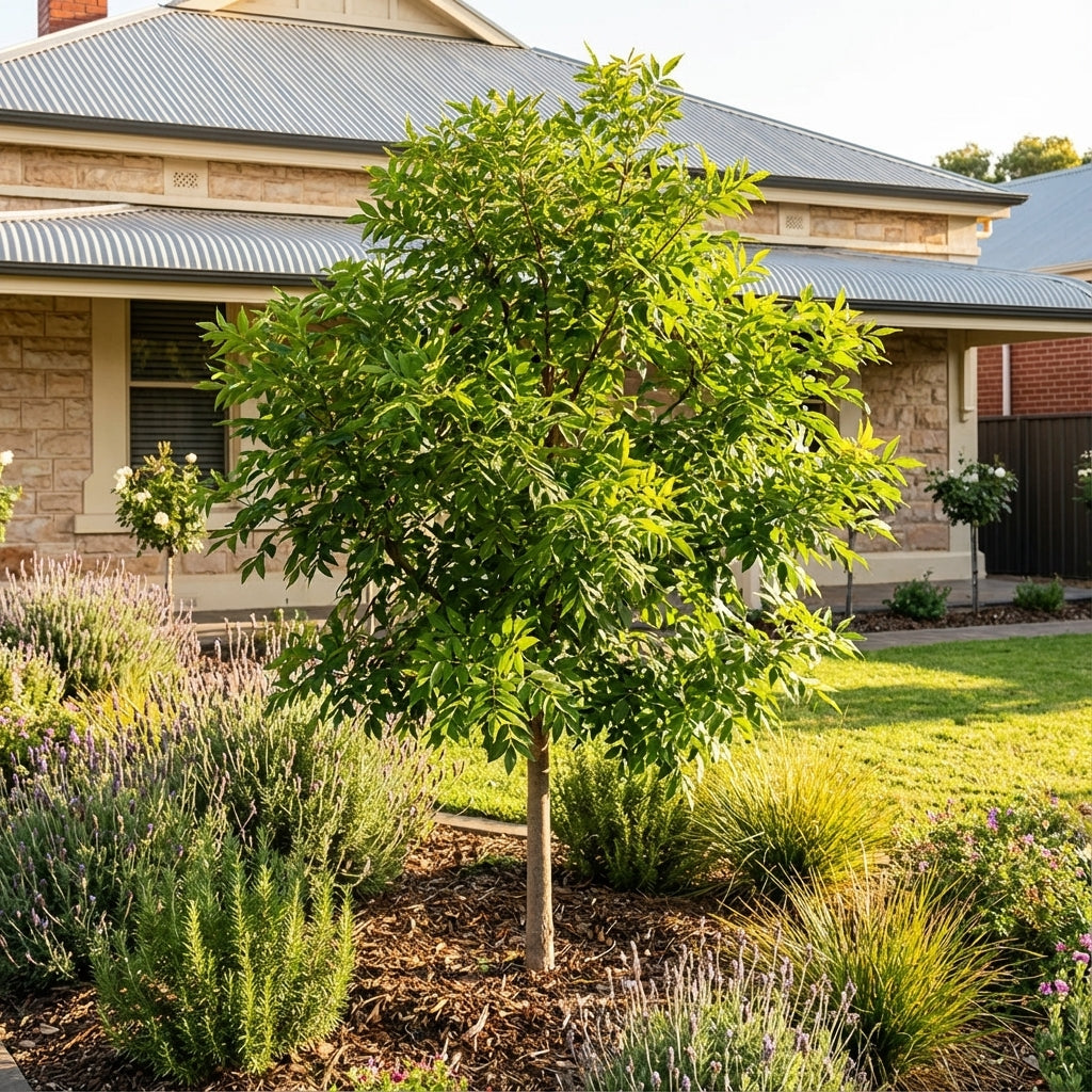 An Evergreen Ash (Fraxinus griffithii) with lush green leaves is planted in a landscaped front yard, set before a house featuring a metal roof.