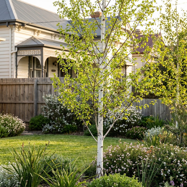 A stunning Silver Birch - Betula pendula ‘Alba’ displays its striking white bark in the green garden, making it a classic landscape tree choice against the wooden fence and house.