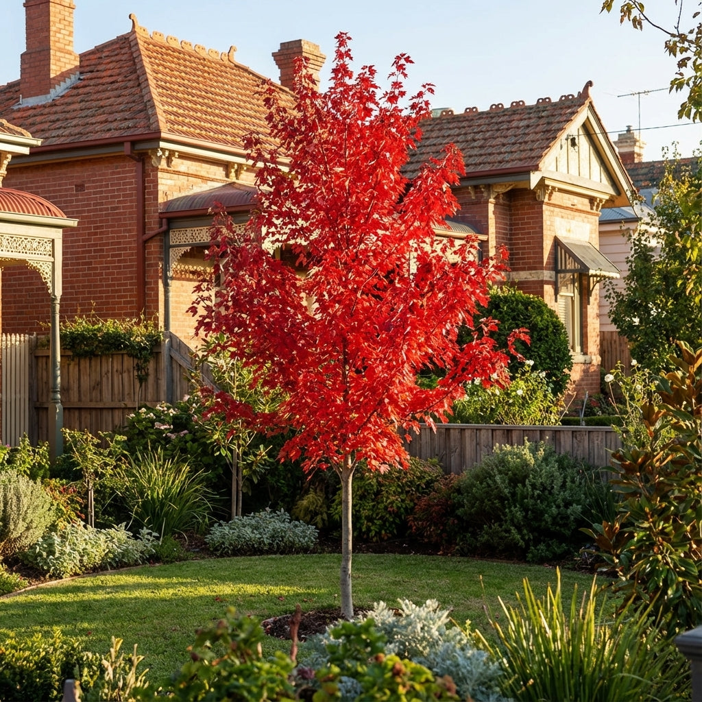 A Red Maple - Acer rubrum ‘Autumn Red’ grows in a garden before a brick house, its vivid red autumn leaves adding vibrant color and charm as an eye-catching shade tree.