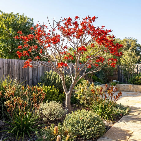 A Coral Tree - Erythrina indica with bright red flowers adds a vibrant tropical touch as a shade tree among green shrubs and a stone path in the landscaped garden.