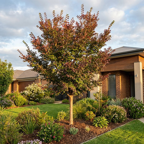A well-landscaped suburban yard features a green lawn, colorful flowers, and a modern brick house in the background, highlighted by a stately Frontier Elm (Ulmus carpinifolia × parvifolia ‘Frontier’) shade tree.