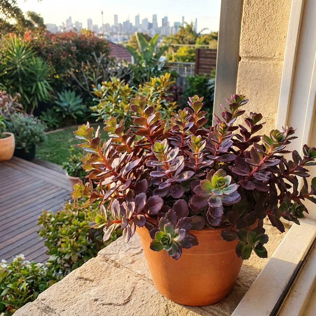 A drought-tolerant Sedum ‘Plum Dazzled’ – Succulent sits in a pot on the windowsill, with a view of the garden and city skyline beyond.