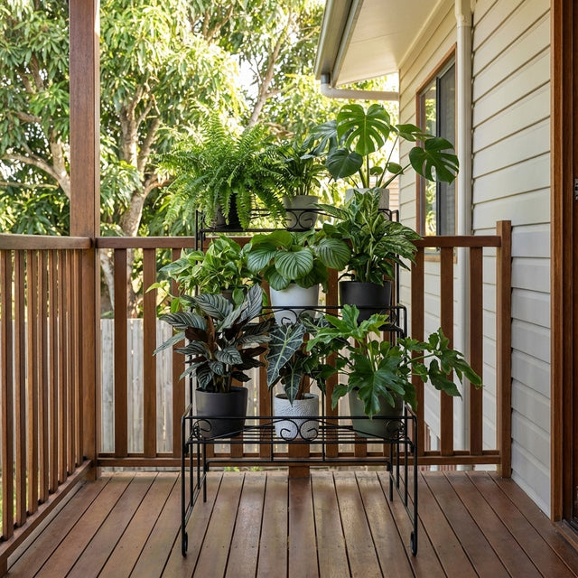 Potted houseplants on a 3 Tier Outdoor Heavy Duty Plant Stand create a stunning vertical plant display on a wooden porch beside the house.