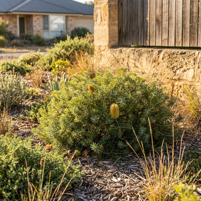 The drought-tolerant Silver Banksia (Banksia marginata) displays yellow flowers in a sunlit, mulched garden with a house in the background.