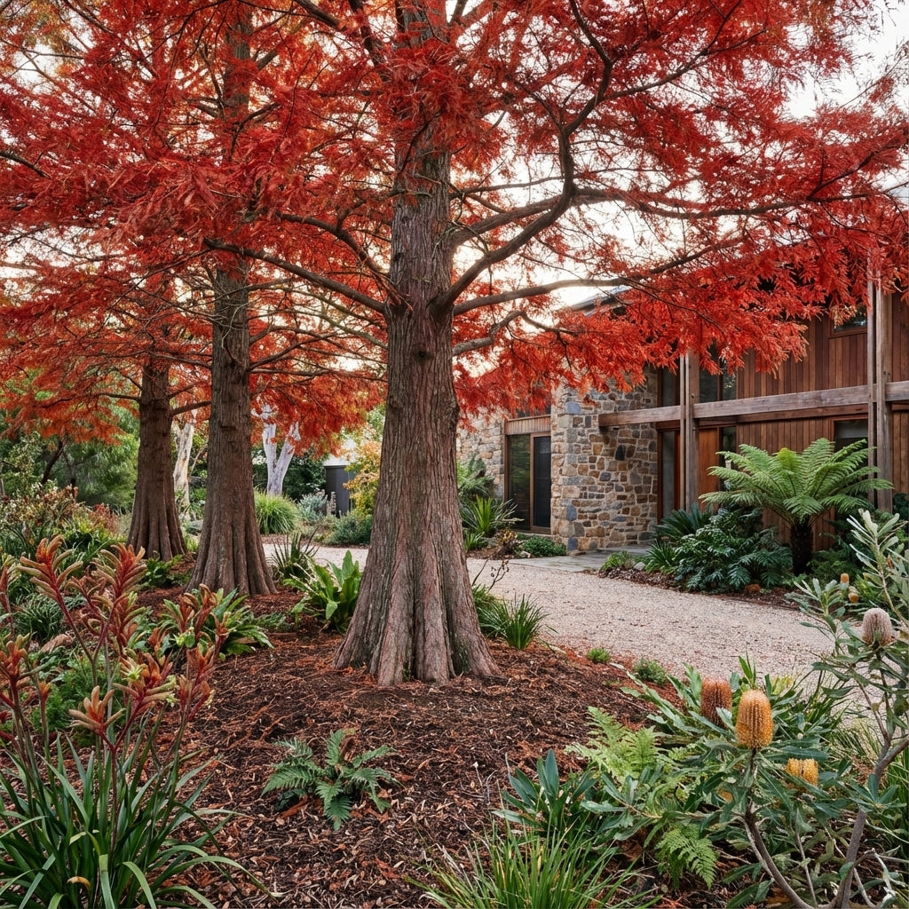 Two tall Swamp Cypress (Taxodium distichum) trees with bright red leaves stand near a stone and wood house, surrounded by green plants.